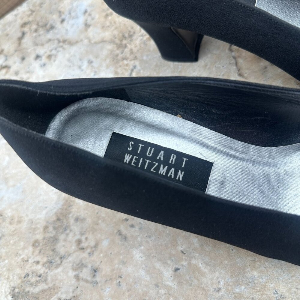 Stuart Weitzman Pumps Womens 9.5B Black Square Toe Heels Textile/Leather - Picture 6 of 10